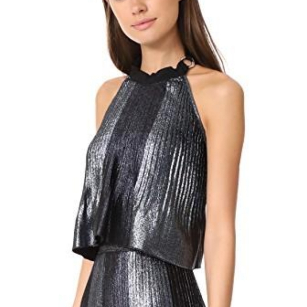 ADAM SELMAN Gray Metallic Topiary Pleated Halter NWT